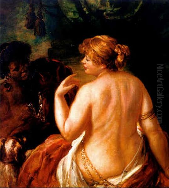 Einer Reizenden Schonen Wird Von Einer Dunklen Vestalin Eine Prunkvolle Goldkette Angelegt Oil Painting by Ludwig Adam Kunz