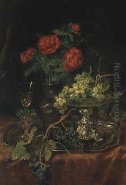 Stilleben Mit Rosenstrauss, Traubenzweig, Weinpokal,        Silbertablett Und Schale Auf Einem Tisch Oil Painting by Ludwig Adam Kunz