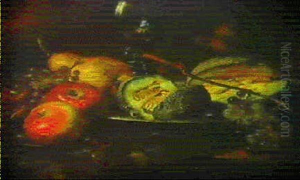 Fruchtestilleben Mit Trauben, Apfeln, Melone, Birne Und     Einem Romerglas Auf Einem Tisch Oil Painting by Ludwig Adam Kunz