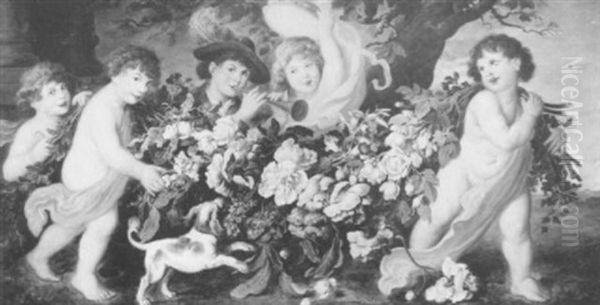 Children Masquerading As Putti And Musicians Admidst A      Garland Of Flowers With A Puppy At Their Feet Oil Painting by Ludwig Adam Kunz