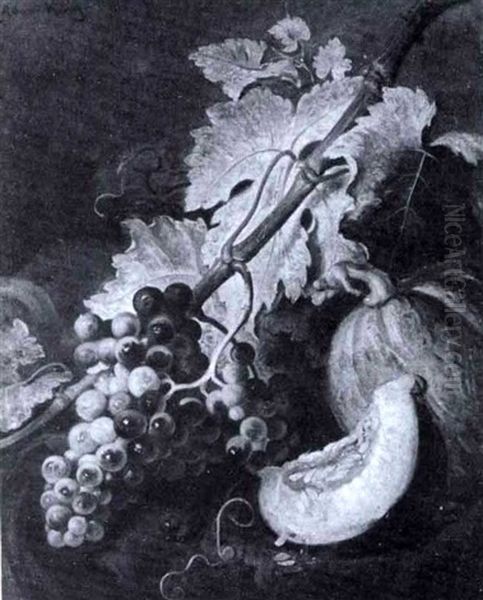 Stilleben Mit Traube Und Melone, Umgeben Von Herbstlic-     Hem Weinlaub Oil Painting by Ludwig Adam Kunz