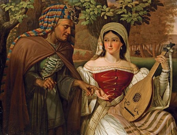 Junge Frau Mit Mandoline Und Handleserin Oil Painting by Leopold Kupelwieser