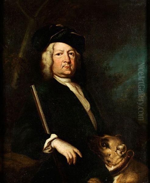 Herrenportrat In Jagdlichem Gewand Mit Jagdhund Oil Painting by Johann (Jan) Kupetzki