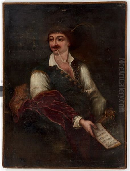 Portrait D'un Chanteur D'opera Au Manteau Rouge Et Bleu, Appuye A Un Pilier Et Tenant Une Partition Musicale (+ Portrait D'un Chanteur D'opera A La Pipe, Assis Et Tenant Une Partition Musicale, Pair) Oil Painting by Johann (Jan) Kupetzki