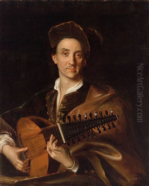 Bildnis Des Malers David Hoyer (1667-1720) Als Musiker Im Atelier Oil Painting by Johann (Jan) Kupetzki