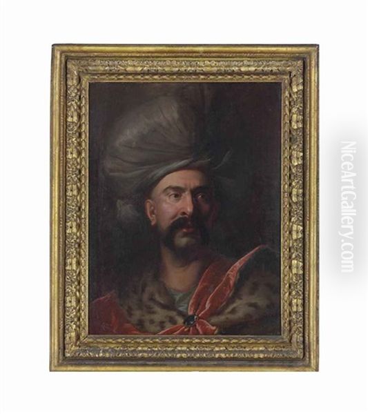 Portrait Of A Man, Bust-length, In A Fur-lined Cape And Turban Oil Painting by Johann (Jan) Kupetzki