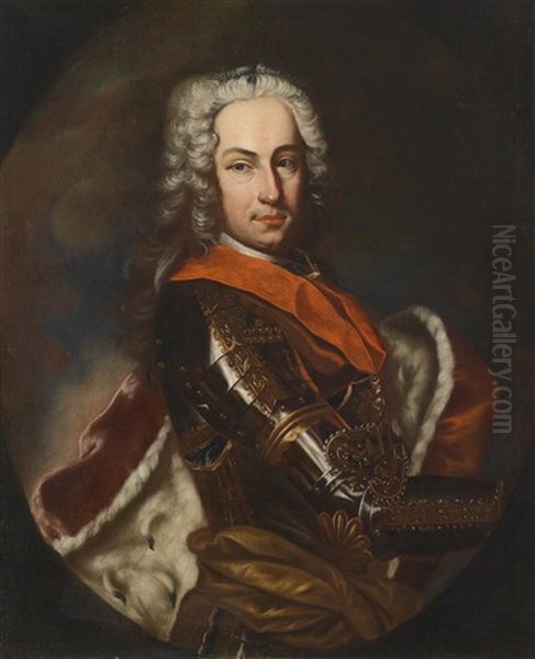 Bildnis Des Kurfursten Karl Albrecht Von Bayern (1697-1745, Spater Kaiser Karl Vii.) Im Harnisch Mit Rotem Hermelinumhang Oil Painting by Johann (Jan) Kupetzki