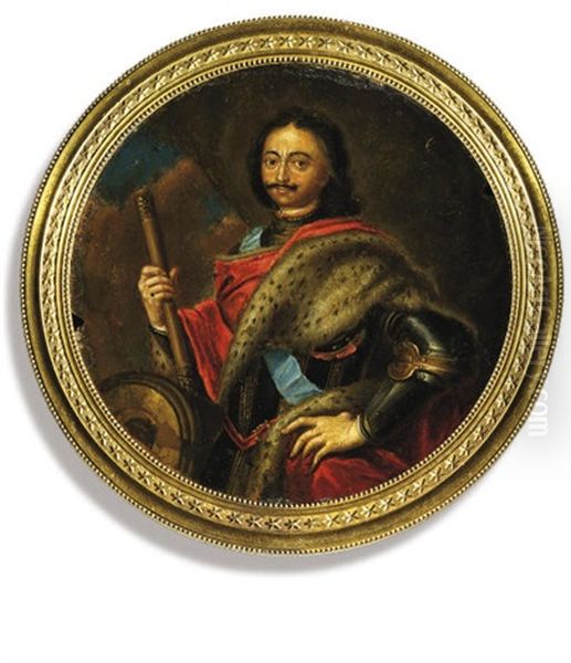 Peter The Great Standing In Armour And A Fur-lined Red Cloak Over His Arms by Johann (Jan) Kupetzki