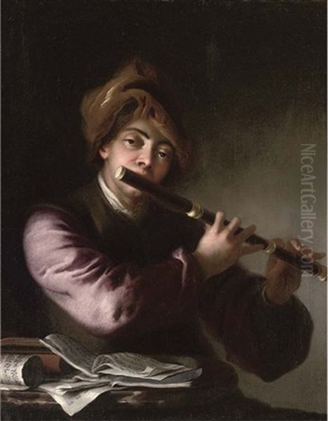 A Man Playing The Flute By A Table With Sheet Music Oil Painting by Johann (Jan) Kupetzki