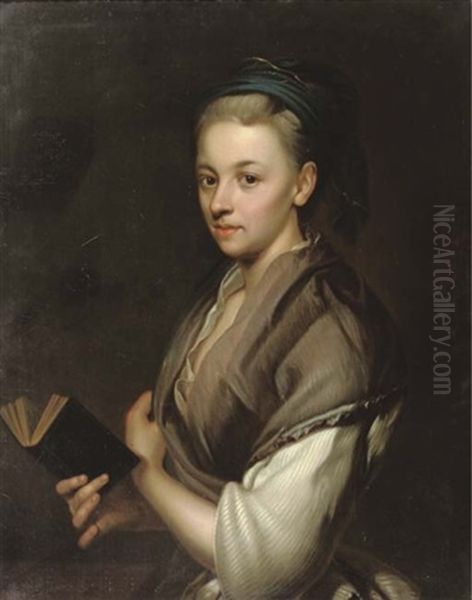 Portrait Of Susanna Klaus, The Wife Of The Artist, In A White Dess And Brown Shawl, Holding A Book In Her Right Hand Oil Painting by Johann (Jan) Kupetzki