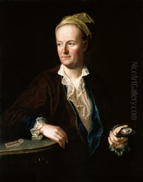 Portrait Of A Gentleman, Half Length, Wearing A Brown Overcoat, Leaning Against A Table And Holding A Miniature Oil Painting by Johann (Jan) Kupetzki