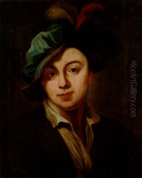 Portrait Of A Young Man In A Brown Coat And A Blue Plumed Hat Oil Painting by Johann (Jan) Kupetzki