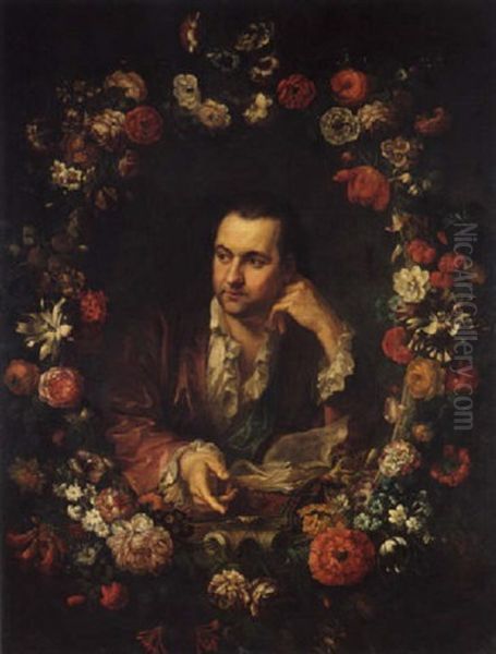 Portrait Of A Man Reading A Book, Within A Garland Of Flowers Oil Painting by Johann (Jan) Kupetzki