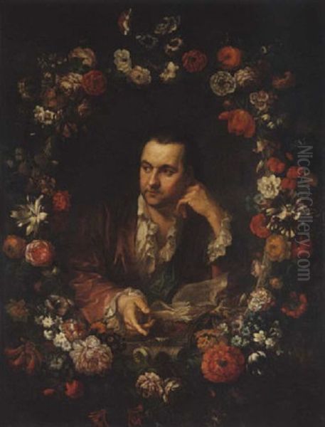 Portrait Of A Man, Reading A Book, Within A Garland Of Flowers Oil Painting by Johann (Jan) Kupetzki