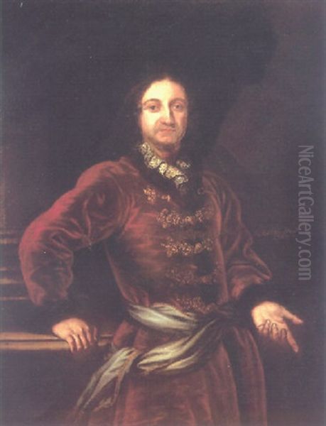 Portrait Of A Gentleman Dressed In A Red Coat With Gold Embroidery And A Sash, His Right Hand Resting On A Plinth Oil Painting by Johann (Jan) Kupetzki