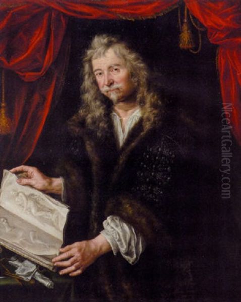 Portrait Of A Connoisseur In A Black Fur-trimmed Coat, Standing At A Table Holding A Book Of Sketches, Against A Crimson Curtain Oil Painting by Johann (Jan) Kupetzki