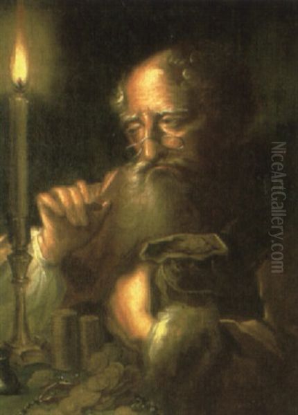 Miser Counting Coins By Candlelight Oil Painting by Johann (Jan) Kupetzki