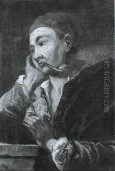 A Young Man Smoking A Clay Pipe, His Right Arm Resting On A Stone Plinth Oil Painting by Johann (Jan) Kupetzki