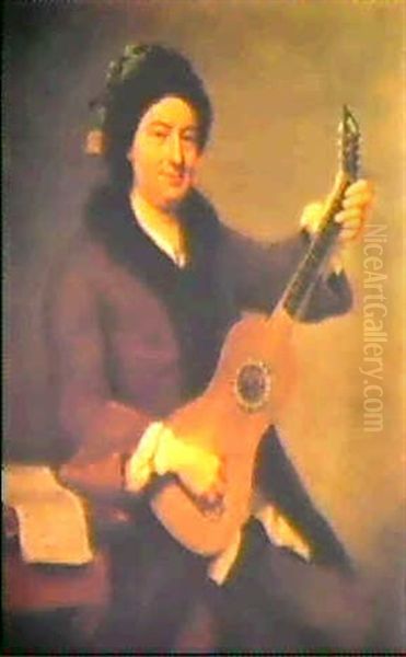 A Portrait Of A Man Playing A Guitar Oil Painting by Johann (Jan) Kupetzki