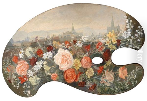 Malerpalette Mit Blumen Vor Der Silhoutte Wiens Oil Painting by Johann Michael Kupfer