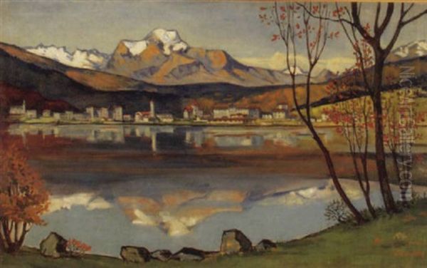 Herbstilicher Bergsee Mit Dorf Im Mittelgrund Oil Painting by Walter Kupfer