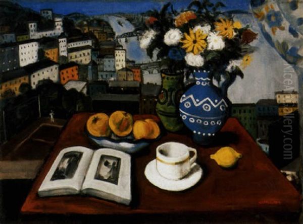 Csendelet Az Ablakbol, Kilatassal A Teniszpalyara (still Life From The Window, With View To The Tennis Court) Oil Painting by Imre Kupferstein