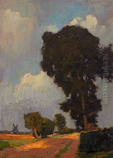 Sommerliche Landschaft Mit Windmuhle Und Malerischen Baumen by Herbert Kuron