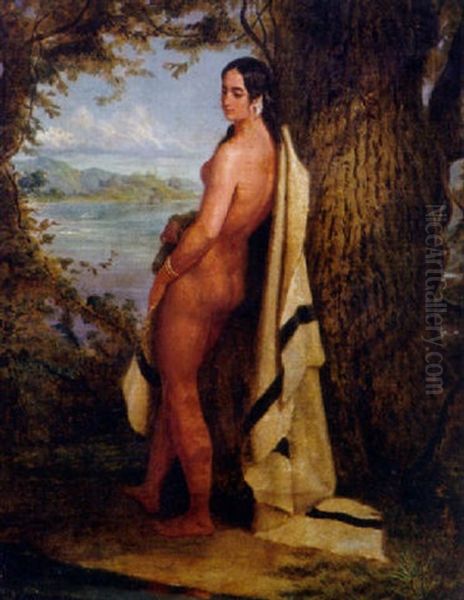 Stehender Akt Einer Indianerin, Malerisch An Baum Lehnend, Mit Blick Auf Fluslandschaft Oil Painting by Friedrich (Rudolf Fr.) Kurz