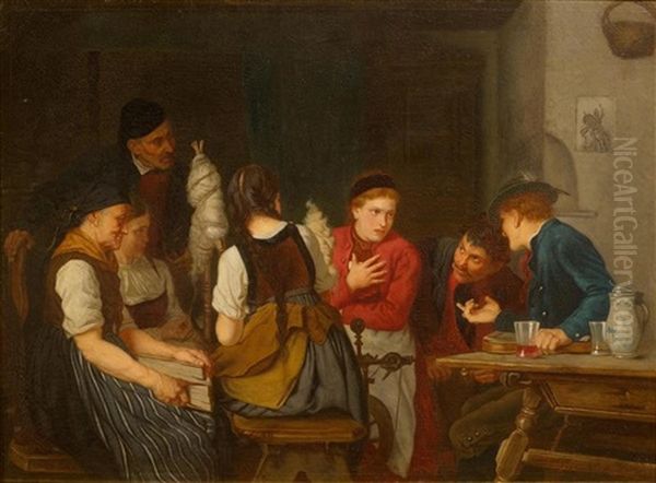 Seven People In Rustic Room Oil Painting by Eduard Kurzbauer