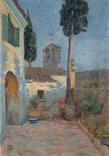 Blick In Einen Italienischen Hof Mit Ruckseite Einer Kirchenfassade Im Abendlicht Oil Painting by Max Kurzweil