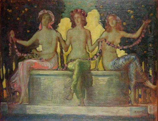 Three Women Oil Painting by Max Kuschel