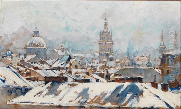 Snow-covered Roofs Oil Painting by Jan Kazimierz Kusmidrowicz