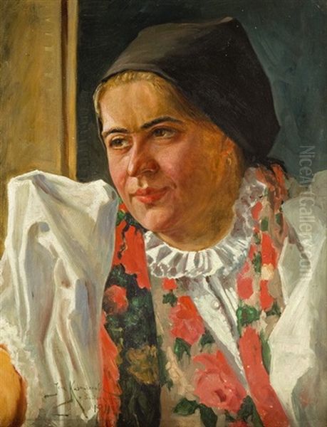 Portret Kobiety W Stroju Ludowym Oil Painting by Jan Kazimierz Kusmidrowicz