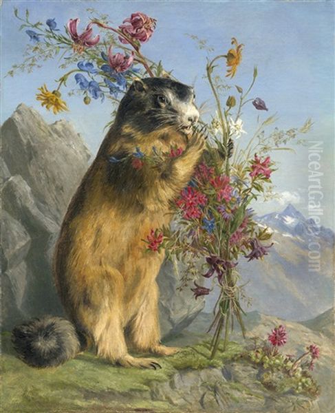 Der Gratulant Oder Die Dame Kommt Nicht - Ein Murmeltier Mit Einem Strauss Aus Wiesenblumen Vor Alpenpanorama Oil Painting by Ferdinand Kuess