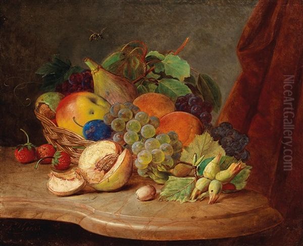 Still Life With Basket Of Fruit And Bee Oil Painting by Ferdinand Kuess