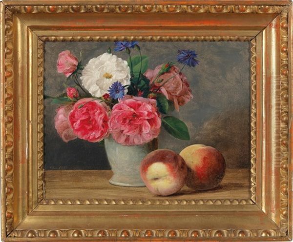 Still Life With Roses In A Faience Jug And Two Peaches Oil Painting by Ferdinand Kuess