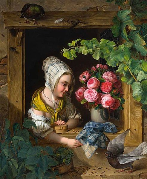 Madchen Futtert An Einem Mit Wein Umrankten Fensterbrett Tauben Oil Painting by Ferdinand Kuess