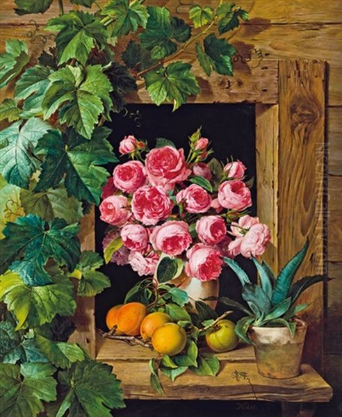 Stilleben Mit Rosen Und Marillen Oil Painting by Ferdinand Kuess