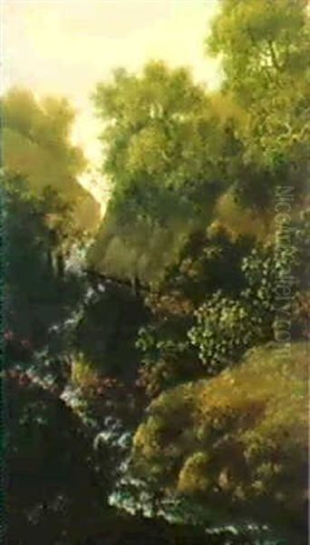 Idyllische Kleine Schlucht Mit Fischer Oil Painting by Johann Kaspar Kuster