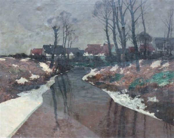 Paysage Au Ruisseau, Effets De Neige Oil Painting by Carl Kuestner