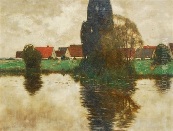 River Landscape With Houses Oil Painting by Carl Kuestner