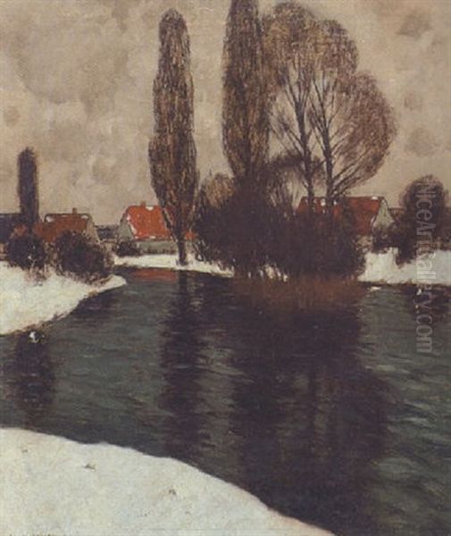 Bauernhauser Am Flussufer (amper?) Oil Painting by Carl Kuestner