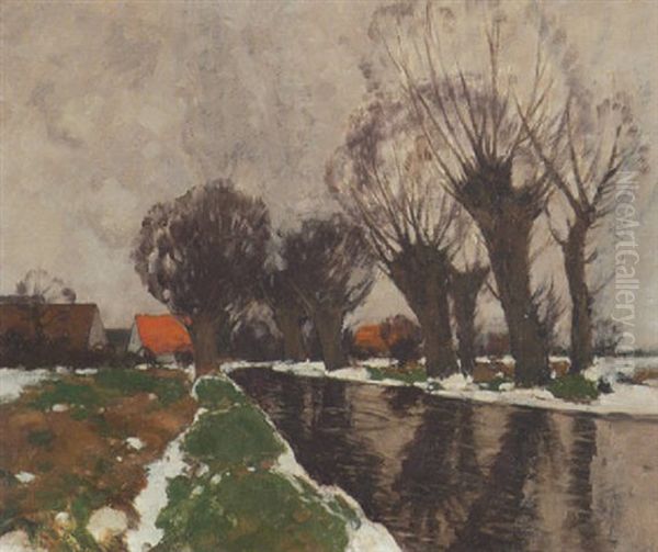 Bauernhauser Und Kopfweiden Am Kanal (dachau-schleisheimer Kanal?) Oil Painting by Carl Kuestner