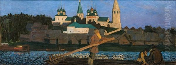 At The Volga (cathedral In Sudislavl Or Monastery In Reshma) Oil Painting by Boris Mikhailovich Kustodiev