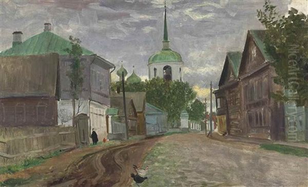 A Street In Staraya Russa Oil Painting by Boris Mikhailovich Kustodiev