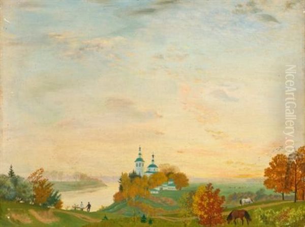 Above The River, Autumn Oil Painting by Boris Mikhailovich Kustodiev