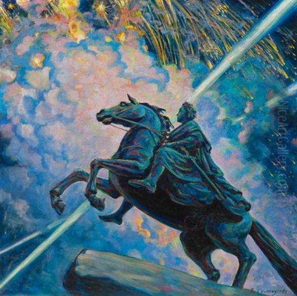 Fireworks. The Bronze Horseman Oil Painting by Boris Mikhailovich Kustodiev