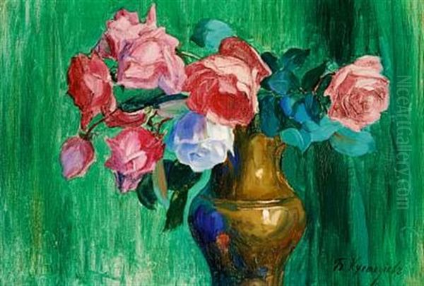 Emerald Green Still Life With Roses In A Vase Oil Painting by Boris Mikhailovich Kustodiev