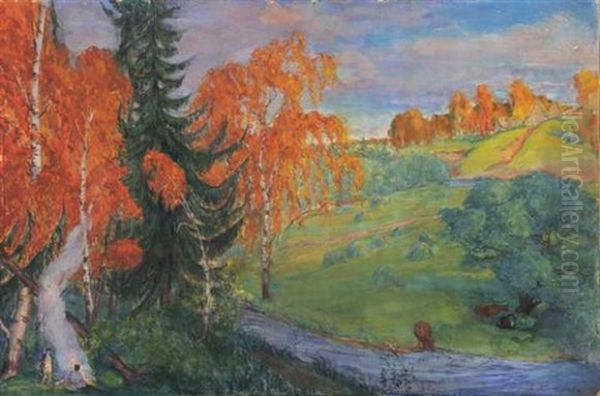 Brasero Dans Une Foret En Automne Oil Painting by Boris Mikhailovich Kustodiev