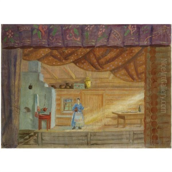 Set Design For A Production Of Virineya Oil Painting by Boris Mikhailovich Kustodiev